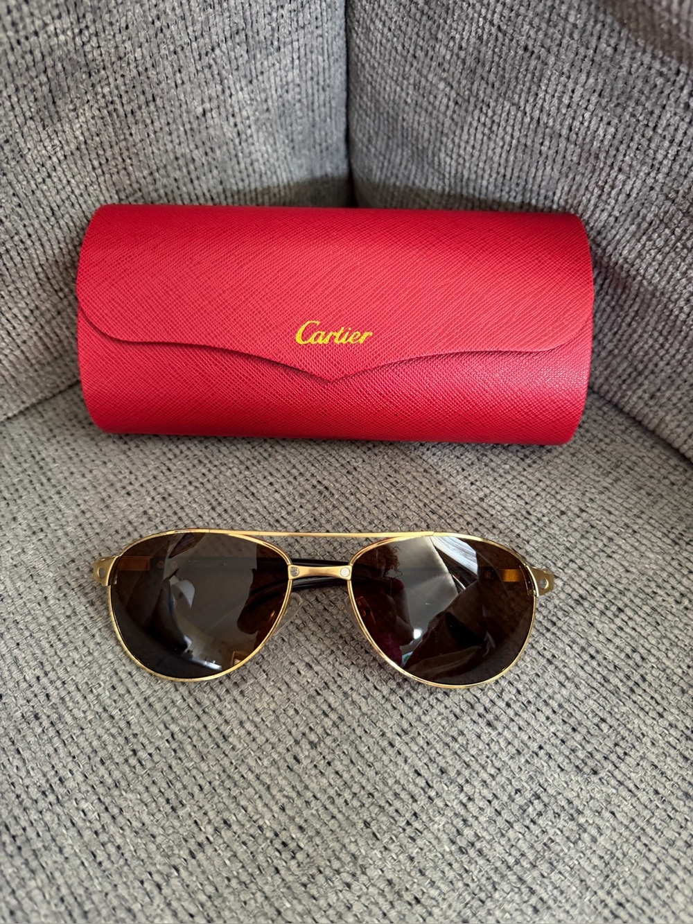 Cartier Gold Frame Brown Lens Aviator Sunglasses with Red Case